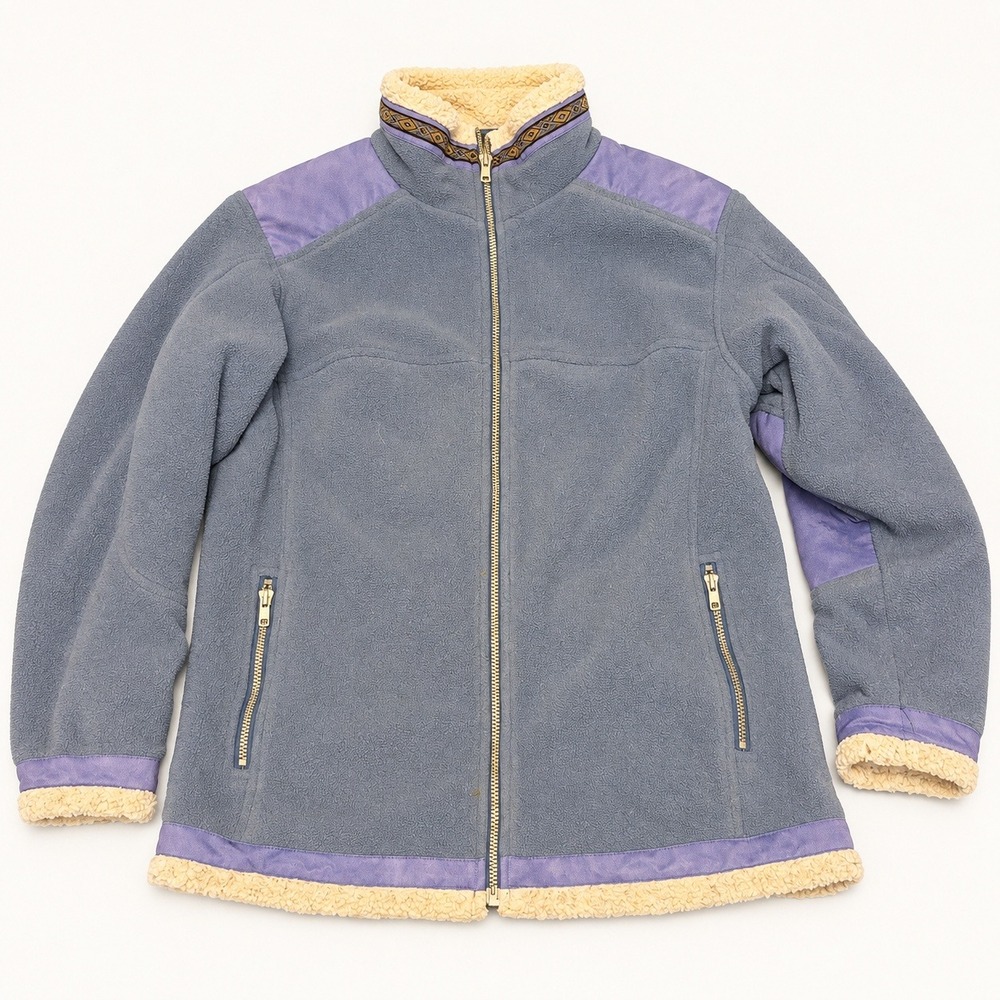Cabela's Women's Fleece Jacket Blue Purple Sherpa Trim Zip Pockets Size L Reg